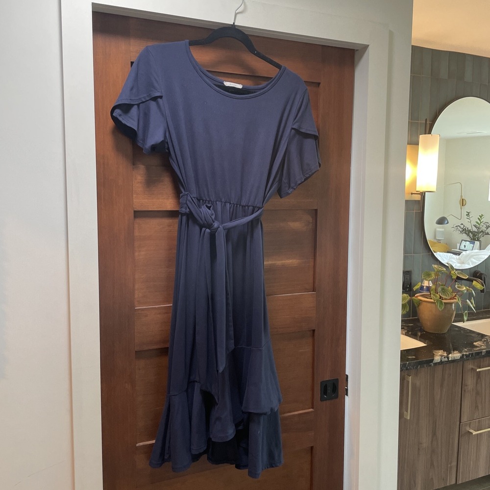 Navy Dress Super Soft Size M Gathered‎ Waist With Tie